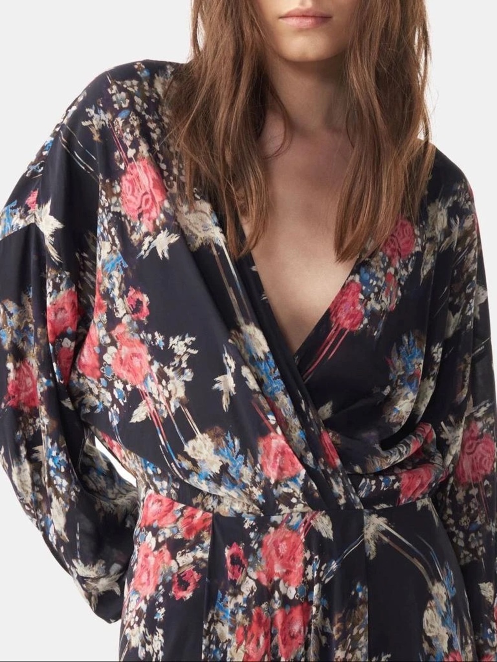 IRO Black Floral Wrap Midi Dress with Pink and Blue Accents - Picture 8 of 11